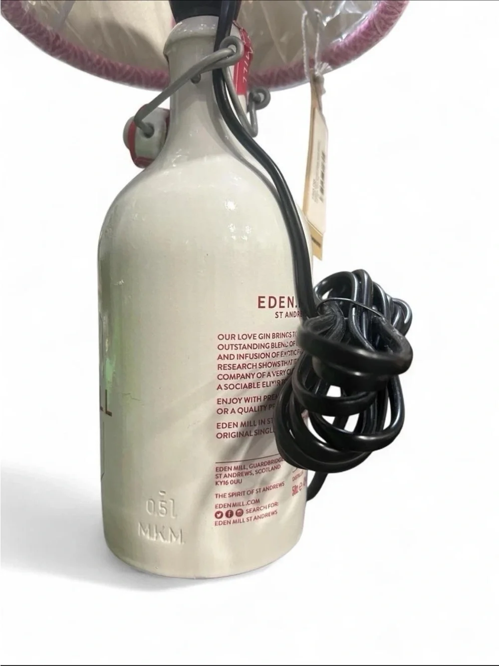 Eden Mill St Andrews Love Gin Upcycled Bottle Lamp Pink Harris Tweed Shades